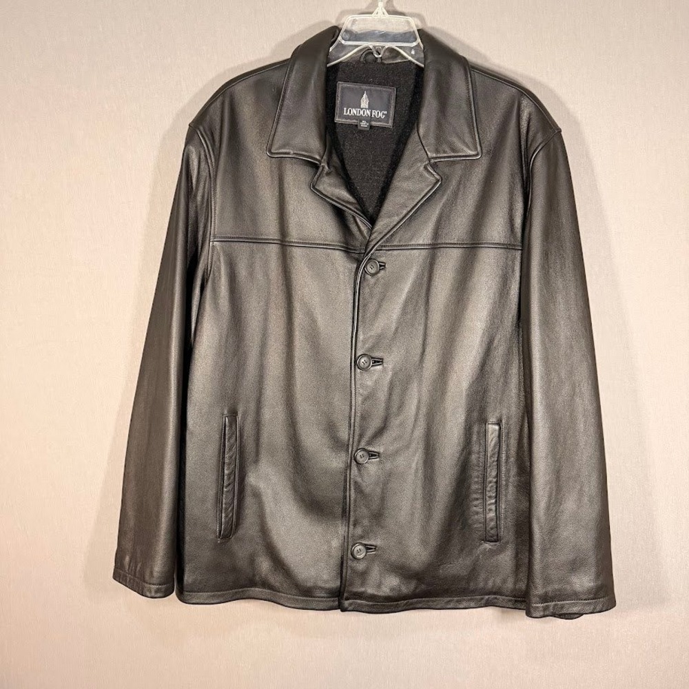 London Fog Mens XL Black Genuine Leather Driving Jacket Button Front Minimalist
